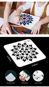 Detailed views of 5.12-inch flexible, washable mandala stencil for DIY art painting