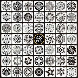 48-piece set of reusable mandala stencils for drawing with diverse geometric patterns