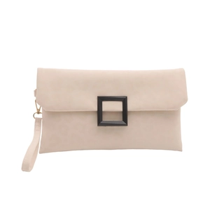 Beige leopard embossed envelope clutch bag with black square buckle and wristlet strap