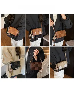 Collage of model wearing vintage woven crossbody bag with leopard print and chain strap
