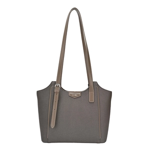 Deep grey canvas tote bag with khaki straps and fashion leather badge on white background