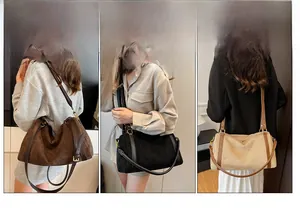 Vues multiples de grands cabas en daim en couleurs café foncé, noir et beige clair