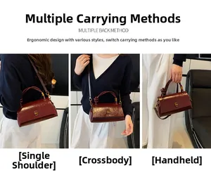 Burgundy rectangular bag showing three ways to wear: shoulder, crossbody, and handbag