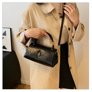 Detailed view of black pleated leather handbag with gold twist lock and crossbody strap
