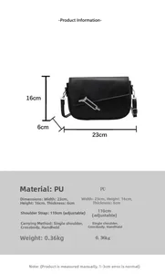Gedetailleerde maattabel van zwarte PU-crossbodytas met afmetingen en riemdetails
