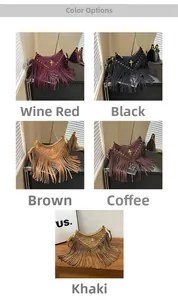 Detail view of suede fringe crossbody bags in five colors with studs and cross motifs