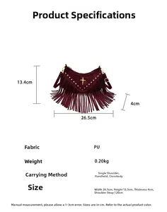 Detailed size chart of burgundy tassel crossbody bag with rivet and cross details