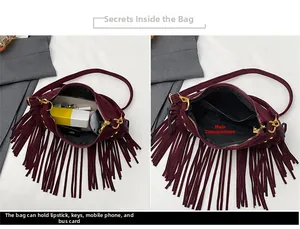 Detail view of burgundy fringed crossbody bag with gold zipper and interior capacity