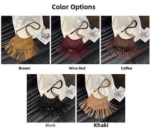 Close-up of studded crossbody bags with long tassels in five available colors