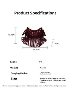 Size chart for wine red studded crossbody bag showing 26.5x13.5x4cm dimensions and PU fabric
