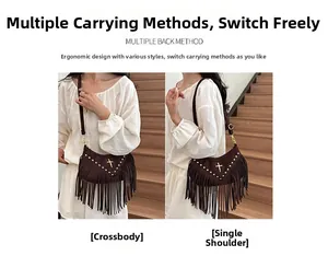 Detail of dark brown suede fringe bag with golden cross studs and long tassels decoration