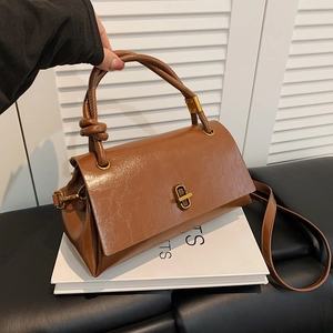 Women PU Leather Crossbody Bag Vintage Square Handbag With Knot Handle And Twist Lock For Casual Travel