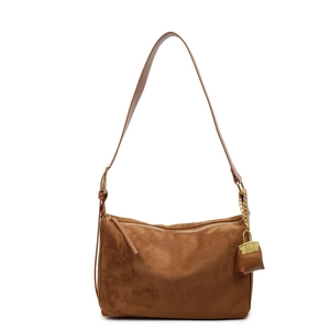 Brown suede Boston shoulder bag for women with gold chain charm and top zipper