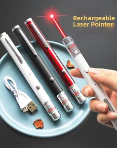 Detail of USB rechargeable metal laser pointers in red, black, and white with charging cable
