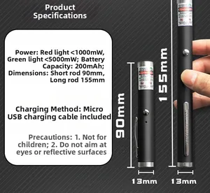 Detailed size specifications for USB rechargeable black metal laser pointer with belt clip
