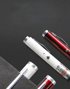 Detail of laser pointer with metal clip shown clipped to a suit pocket for portability