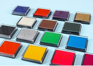 Close-up of vibrant multi-color washable ink pads for children craft and finger painting