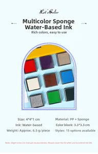 Macro shot of 4x4cm washable square ink pads with colorful sponges and clear PP cases
