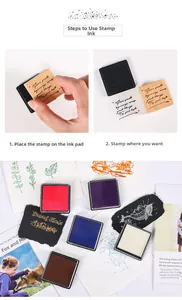 Detailed view of colorful washable ink pads and wooden stamps for kids DIY crafts