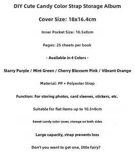 Detailed size specifications for a transparent photo album with candy color elastic strap