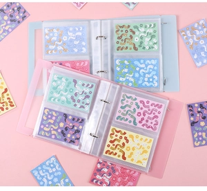 Detail view of mini transparent PVC binders with pastel pink and blue floral photo sleeves