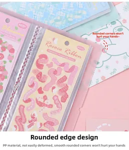 Detail of macaron pink sticker storage book with safe rounded edges and PP material