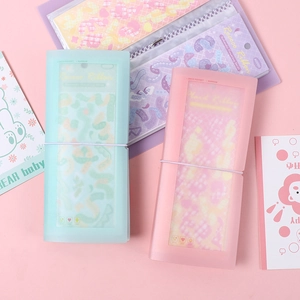 Macaron color frosted translucent narrow storage binder with stickers in pink and green
