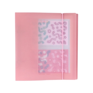 Pink translucent pocket binder with elastic strap for photocards and stickers