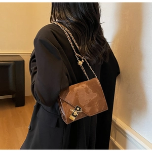Detail of dark brown chain bag with glossy marble texture and gold square clasp