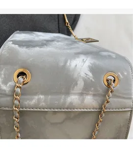 Detail of shimmering silver crossbody bag with golden chain and metallic hardware texture