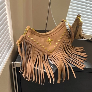 Women Vintage Bohemian Tassel Crossbody Bag With Rivets And Cross Suede Texture PU Leather Shoulder Bag For Casual Travel