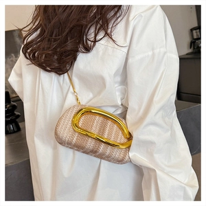 Detail of straw woven round box bag with vintage metal handle and gold chain strap