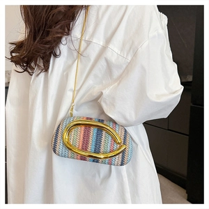 Detail of colorful woven straw box bag with gold metal clasp and chain on model