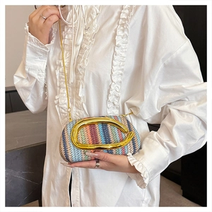 Detail of colorful woven box bag featuring a gold metal handle and chain strap