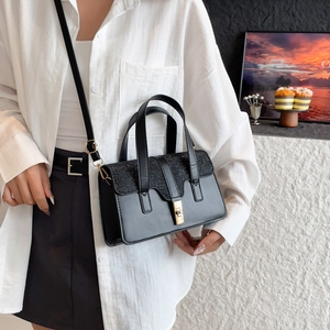 Elegant black leather handbag with glitter panel and gold metal clasp on a female model