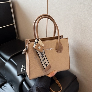 Women Fashion PU Leather Woven Texture Handbag With Decorative Ribbon Scarf Contrast Color Crossbody Shoulder Tote Bag