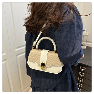 Détail du sac élégant en cuir blanc et patchwork tissé beige avec boucle en métal doré