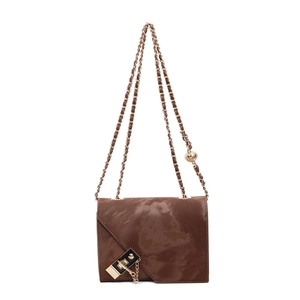 Deep brown chain shoulder bag with vintage texture and black-gold lock hardware on white background