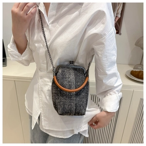 Detail of tweed shell bag showing metal frame clasp and chain shoulder strap