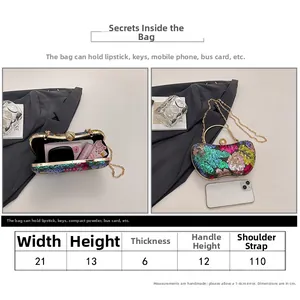 Guide des tailles de pochette de soirée à paillettes avec dimensions et détails internes