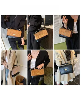 Multiple views of quilted crossbody bag with matte finish and gold twist-lock closure