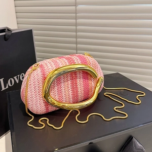 New Women Vintage Woven Box Bag Metal Handle Evening Crossbody Bag Handbag With Gold Chain Strap Retro Straw Clutch