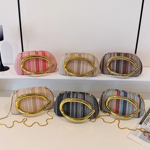 Retro woven circular box handbags with metal handles and chains in various color patterns