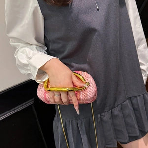 Pink tweed straw woven round box bag with elegant gold metal handle and chain strap