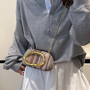 Retro straw-woven round crossbody bag with gold metal handle and chain strap on model