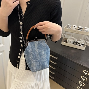 Retro denim shell bag with chain strap and leather handle for women, casual style