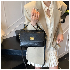 Classic quilted shoulder bag featuring gold twist lock and chain strap on a model