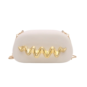 Elegant ivory box clutch evening bag with wave metal trim and gold chain strap