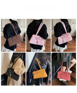 Collage of chic leather shoulder bags in six vibrant colors styled by a fashion model