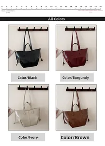 Set of four glossy PU leather tote bags in black, burgundy, beige, and brown colors